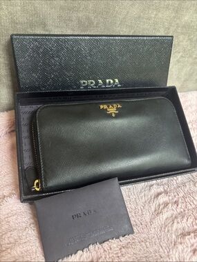 Prada Black Saffiano Zip-Around Leather Wallet with Gold Logo